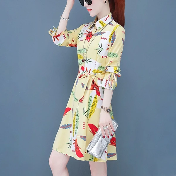 Apricot Cocktail Women's Fashion Shirt Dress, Mid-Length Long Sleeve, Waist Slim