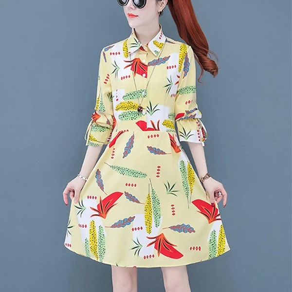 Apricot Cocktail Women's Fashion Shirt Dress, Mid-Length Long Sleeve, Waist Slim