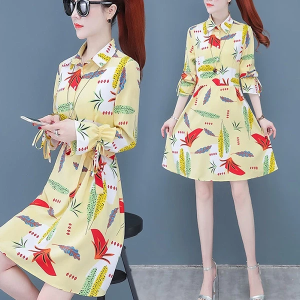 Apricot Cocktail Women's Fashion Shirt Dress, Mid-Length Long Sleeve, Waist Slim