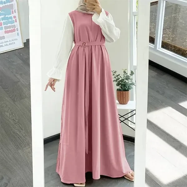 Muslim Women Pink Abaya Dress, A-Line Patchwork Long Maxi Dress, Long Sleeve, Wi