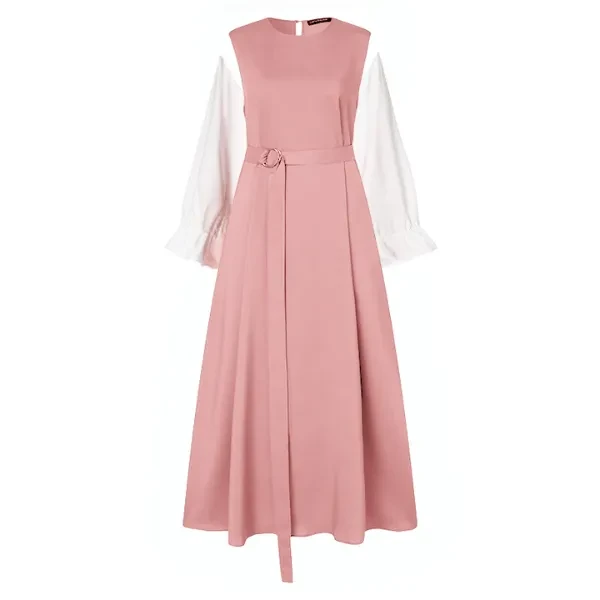 Muslim Women Pink Abaya Dress, A-Line Patchwork Long Maxi Dress, Long Sleeve, Wi
