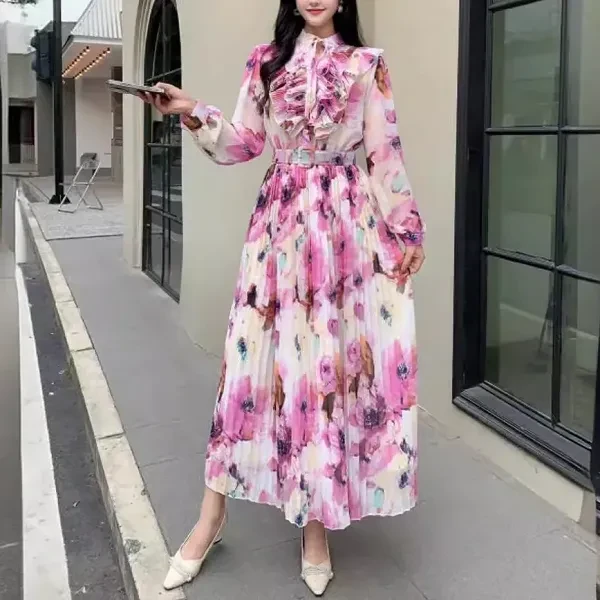 Floral Print Ruffle Neck Full Sleeves Lace-Up Ribbed Pattern Maxi Belted Dress
