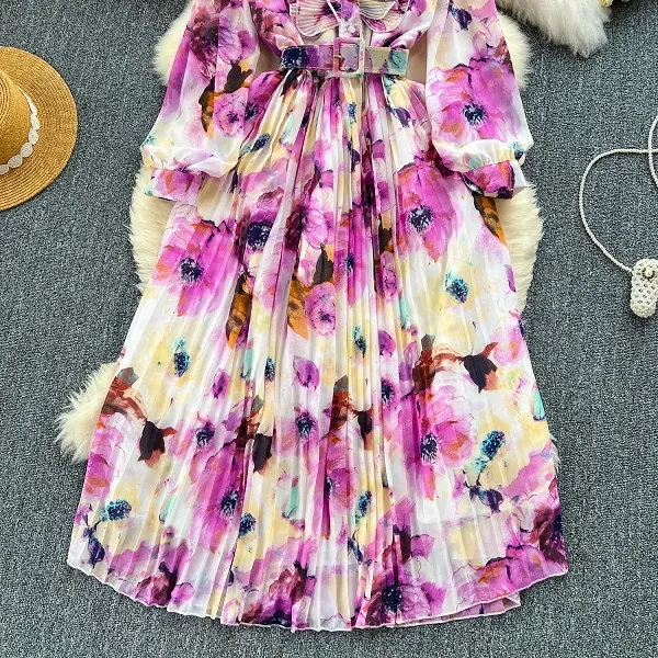 Floral Print Ruffle Neck Full Sleeves Lace-Up Ribbed Pattern Maxi Belted Dress