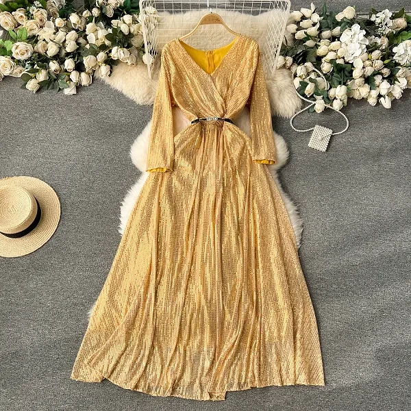 Trendy Golden Color V Neck Long Sleeves Dual Layered Maxi Women Designer Dress