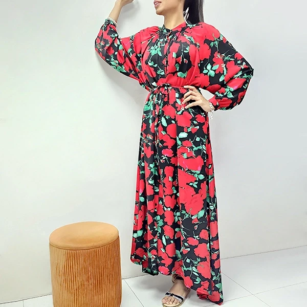 Retro Floral Printed Stand Collar Full Sleeves Split Design Long Maxi DORBE Abay