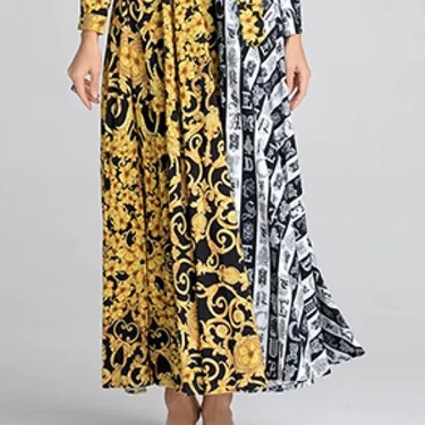 V Neck Mandala Print Full Sleeves Formal Wear A-Line Long Maxi Dress - Yellow