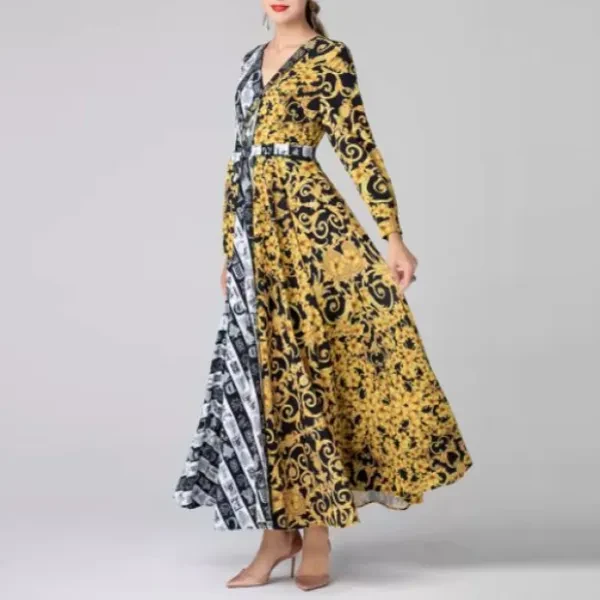 V Neck Mandala Print Full Sleeves Formal Wear A-Line Long Maxi Dress - Yellow