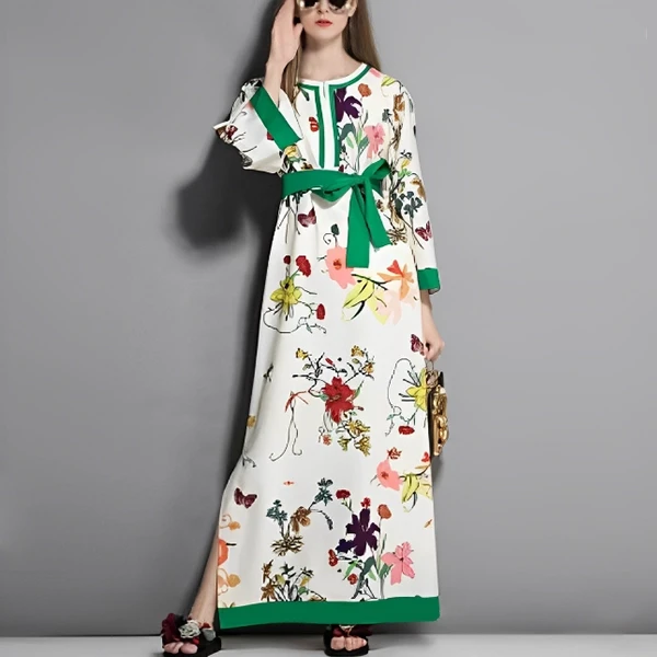 Retro Floral Pattern Round Neck Full Sleeves Split Design Maxi Belted Green Dres