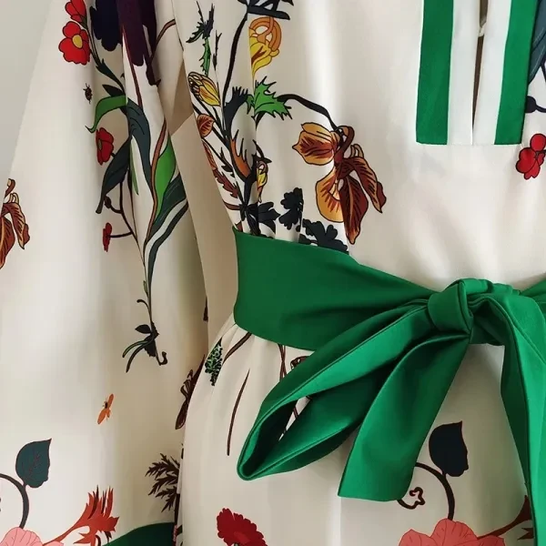 Retro Floral Pattern Round Neck Full Sleeves Split Design Maxi Belted Green Dres