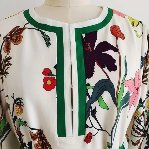 Retro Floral Pattern Round Neck Full Sleeves Split Design Maxi Belted Green Dres