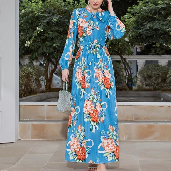 Floral Pattern Bow Neck Full Sleeves Waist Strap Women Maxi Designer Pleated Dre