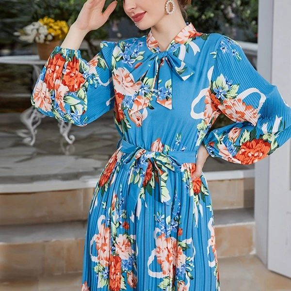 Floral Pattern Bow Neck Full Sleeves Waist Strap Women Maxi Designer Pleated Dre