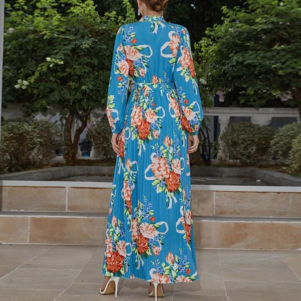 Floral Pattern Bow Neck Full Sleeves Waist Strap Women Maxi Designer Pleated Dre