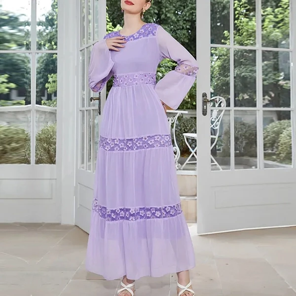 Floral Layer Design Round Neck Full Sleeves Tulle Overlay Maxi Charming Abaya Dr