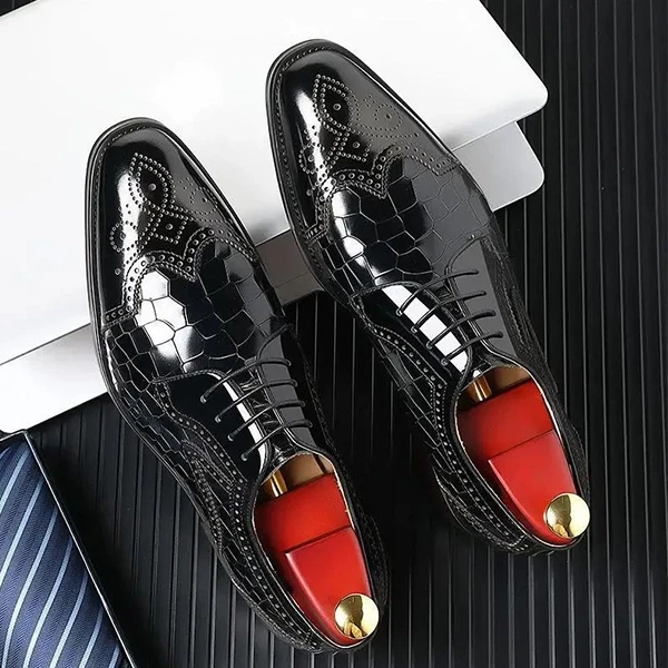 Premium Black Faux Leather Boots-Men Snake Pattern Formal
