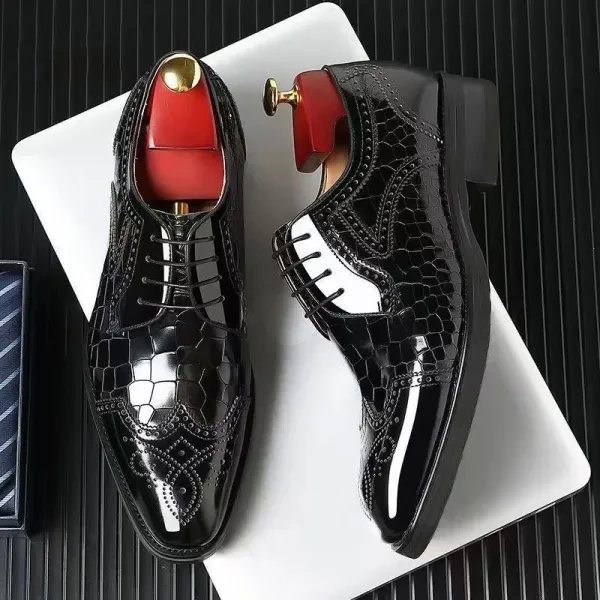 Premium Black Faux Leather Boots-Men Snake Pattern Formal