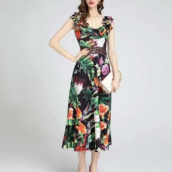 Multi Floral Printed Ruffle Scoop Neck Women Maxi A-Line Sleeveless Dress