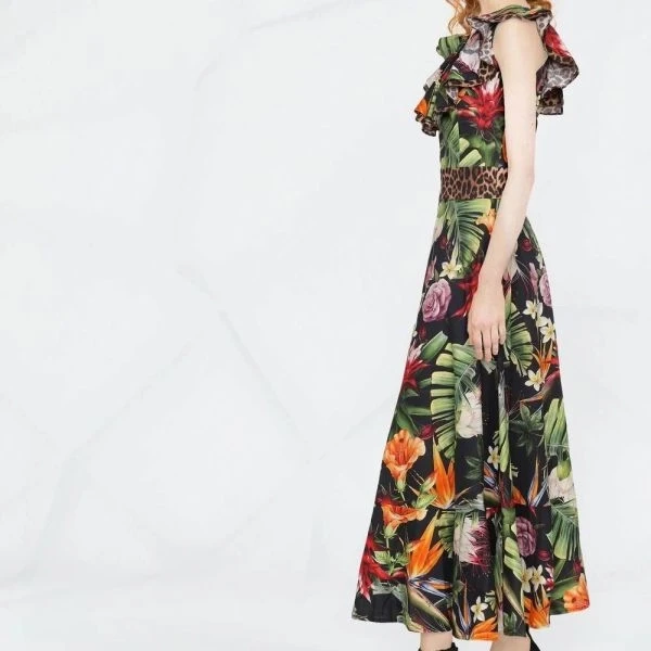 Multi Floral Printed Ruffle Scoop Neck Women Maxi A-Line Sleeveless Dress