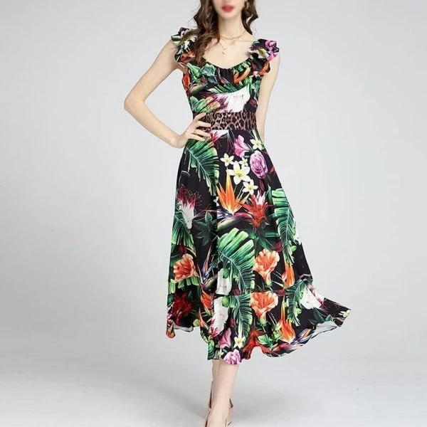 Multi Floral Printed Ruffle Scoop Neck Women Maxi A-Line Sleeveless Dress