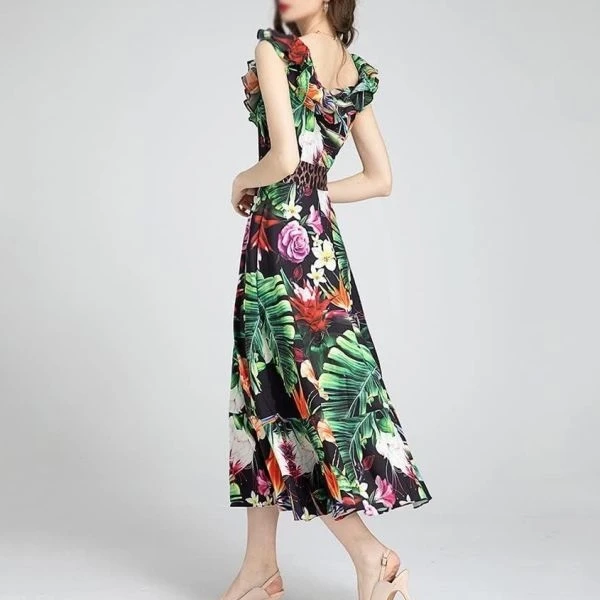 Multi Floral Printed Ruffle Scoop Neck Women Maxi A-Line Sleeveless Dress