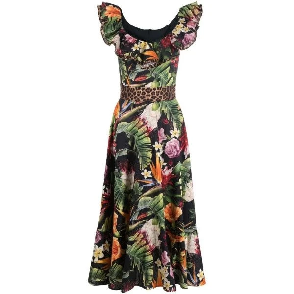 Multi Floral Printed Ruffle Scoop Neck Women Maxi A-Line Sleeveless Dress