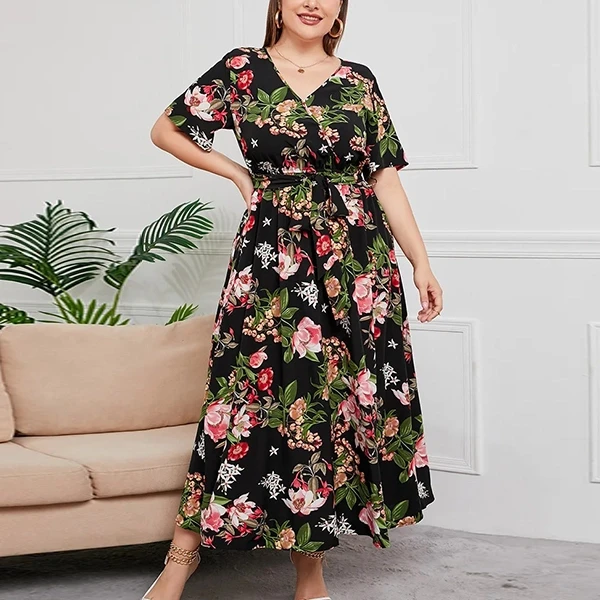Boho Floral Printed Wrap V Neck Short Sleeves Plus Size Maxi Length Women Belted