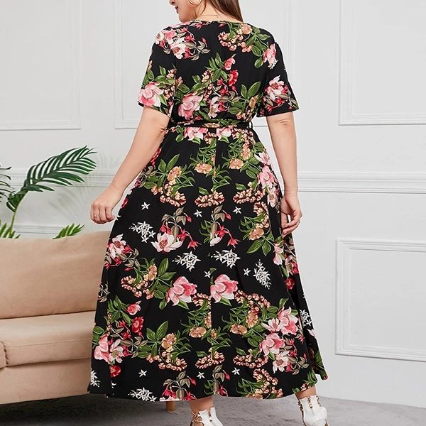 Boho Floral Printed Wrap V Neck Short Sleeves Plus Size Maxi Length Women Belted