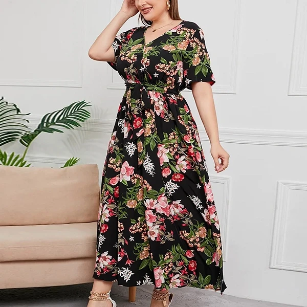 Boho Floral Printed Wrap V Neck Short Sleeves Plus Size Maxi Length Women Belted