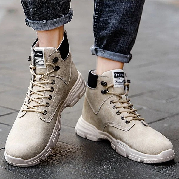 Beige Lace Closure Ankle Boots Non-Slip Men Fashion Shoes Comfortable Casual Out