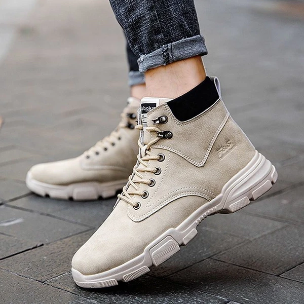 Beige Lace Closure Ankle Boots Non-Slip Men Fashion Shoes Comfortable Casual Out