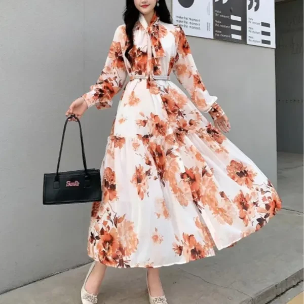 Floral Print Bow Neck Full Sleeves Button-Up Ruffle Layered Maxi Belted Dress