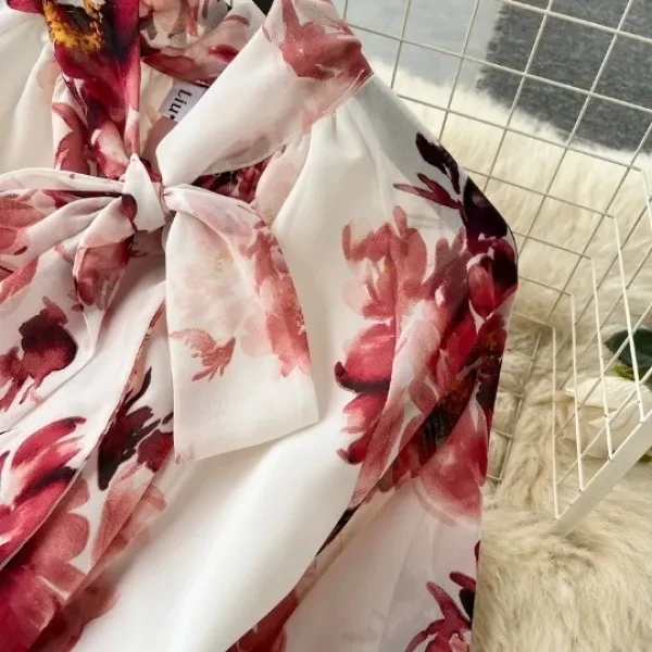 Floral Print Bow Neck Full Sleeves Button-Up Ruffle Layered Maxi Belted Dress