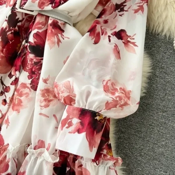 Floral Print Bow Neck Full Sleeves Button-Up Ruffle Layered Maxi Belted Dress