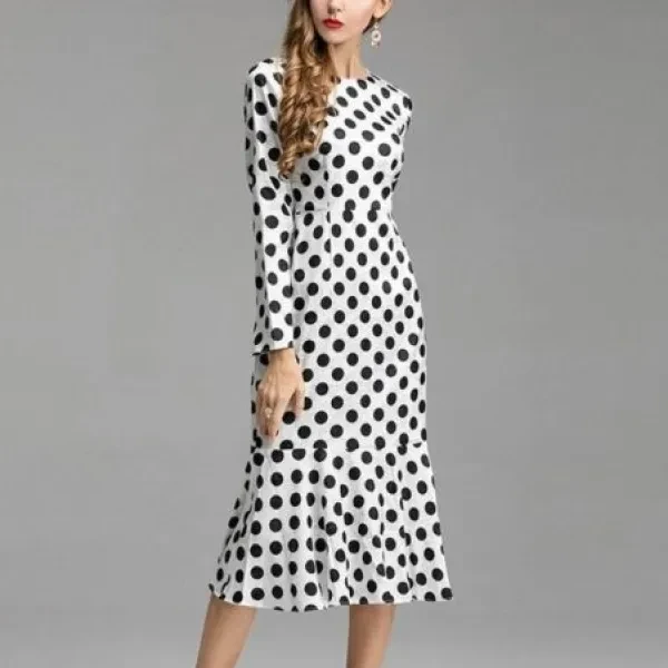 Polka Dot Dress Round Neck Full Sleeves Mermaid Hem Maxi Dress - White Color