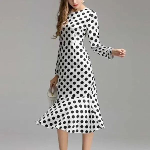 Polka Dot Dress Round Neck Full Sleeves Mermaid Hem Maxi Dress - White Color