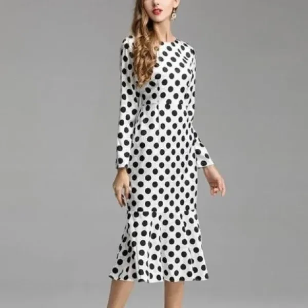 Polka Dot Dress Round Neck Full Sleeves Mermaid Hem Maxi Dress - White Color