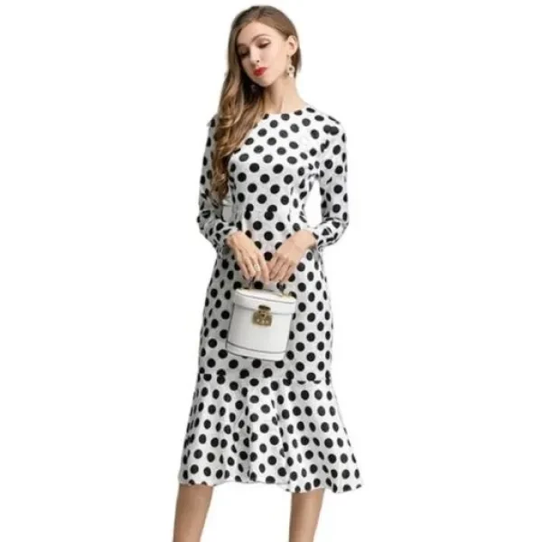 Polka Dot Dress Round Neck Full Sleeves Mermaid Hem Maxi Dress - White Color