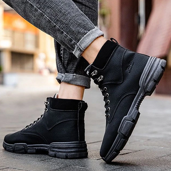 Black Lace Closure Ankle Boots for Men Non-Slip Almond Toe Fashionable & Comfort