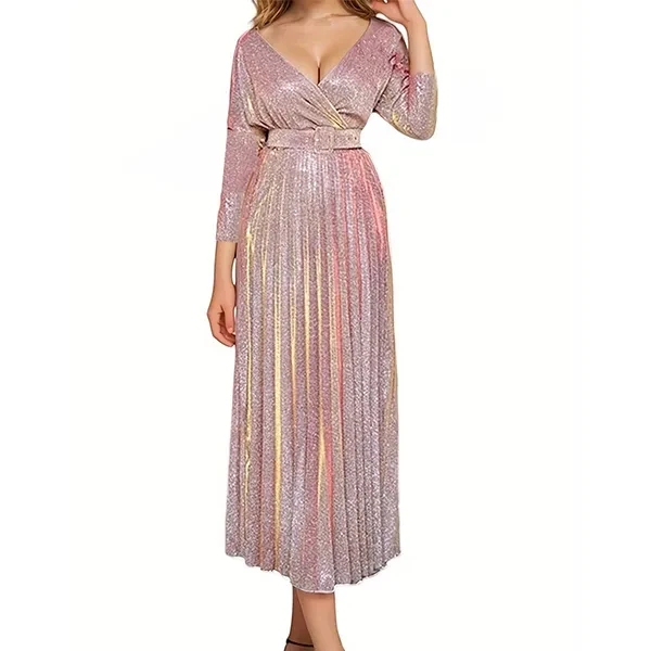 Shiny Design Pleated Hem Maxi Party Dress Long Sleeves Wrap V Neck Belt Waist Co