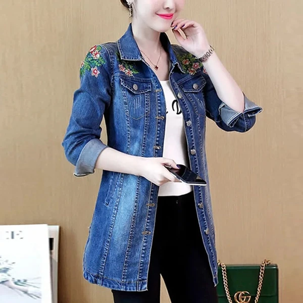 Blue Full Sleeves Fashion Women Denim Jacket Button Up Outerwear Summer Loose Lo