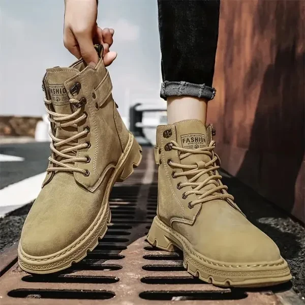 Khaki PU Leather Lace-up Boots for Men - Trendy Style for Parties Outdoor Advent