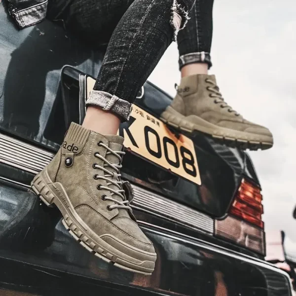 Men's Lace Closure Ankle Boots - Non Slip Almond Toe - Soft Sole - Outdoor Activ