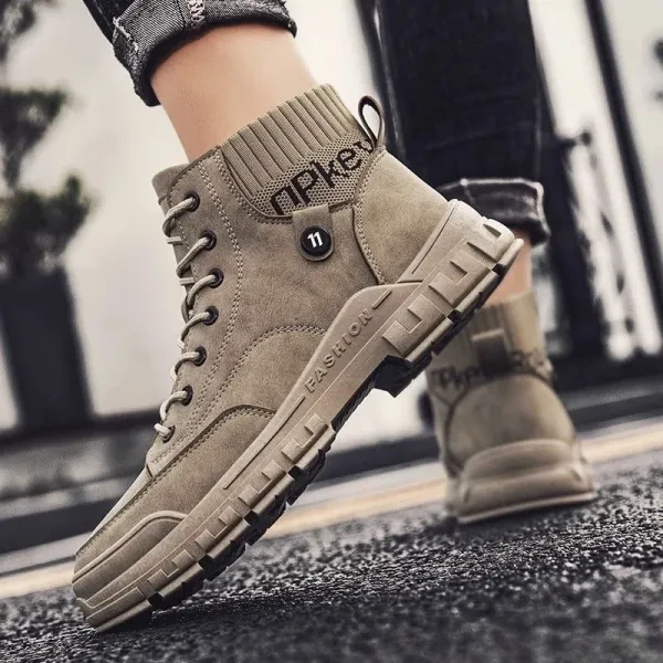 Men's Lace Closure Ankle Boots - Non Slip Almond Toe - Soft Sole - Outdoor Activ