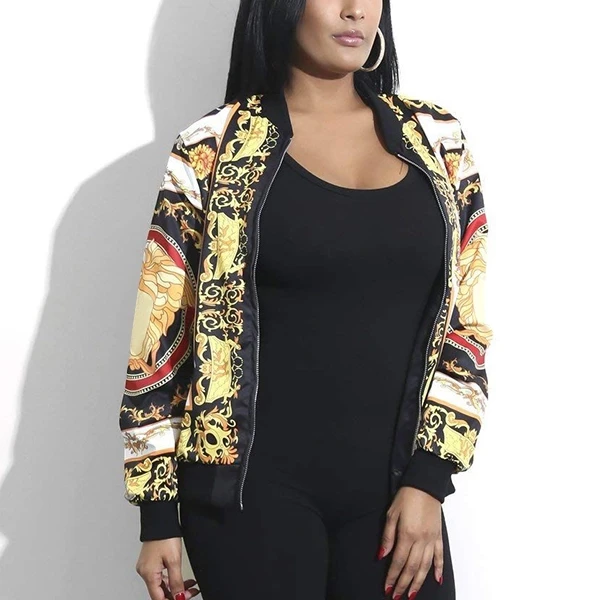 Premium Design Zip Closure Printed Jacket For Women, Zip-Up Stand Collar Vintage