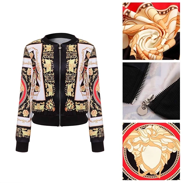Premium Design Zip Closure Printed Jacket For Women, Zip-Up Stand Collar Vintage