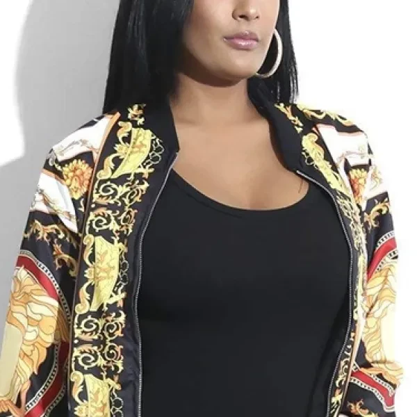 Premium Design Zip Closure Printed Jacket For Women, Zip-Up Stand Collar Vintage