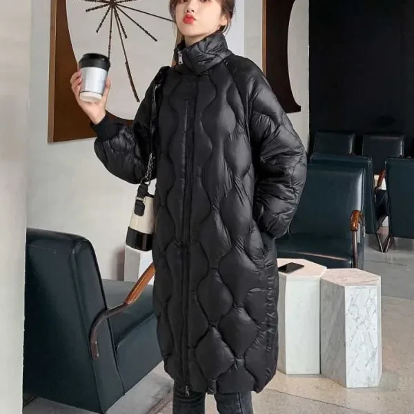 Quilted Black Winter Long Jacket Stylish Zip-Up Coat Stand Collar Thick Warm Out