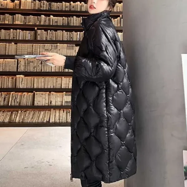 Quilted Black Winter Long Jacket Stylish Zip-Up Coat Stand Collar Thick Warm Out