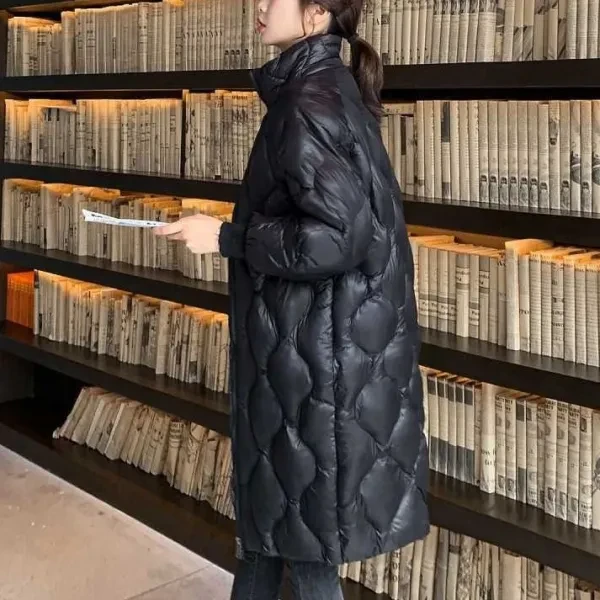 Quilted Black Winter Long Jacket Stylish Zip-Up Coat Stand Collar Thick Warm Out
