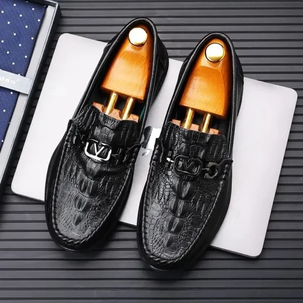 Crocodile Slip-On Loafers Men's Formal Shoes (Synthetic Leather Almond Toe Flat